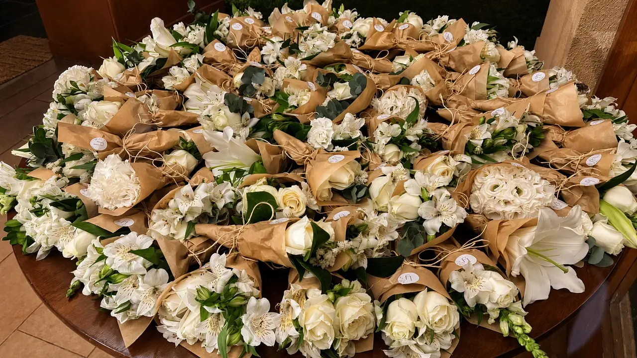 Mesa redonda coberta de buquês em papel kraft ao fim da festa, prontos para os convidados levarem.