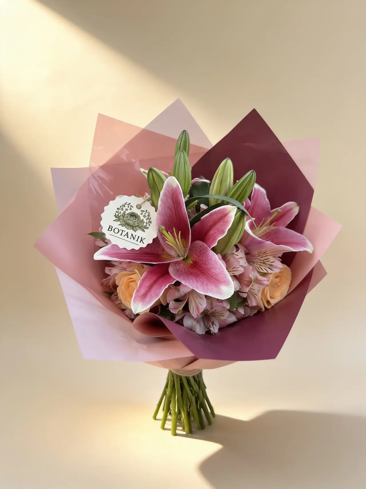Buquê de lírios brancos e rosas em papel kraft, com o selo da Botanik à frente.