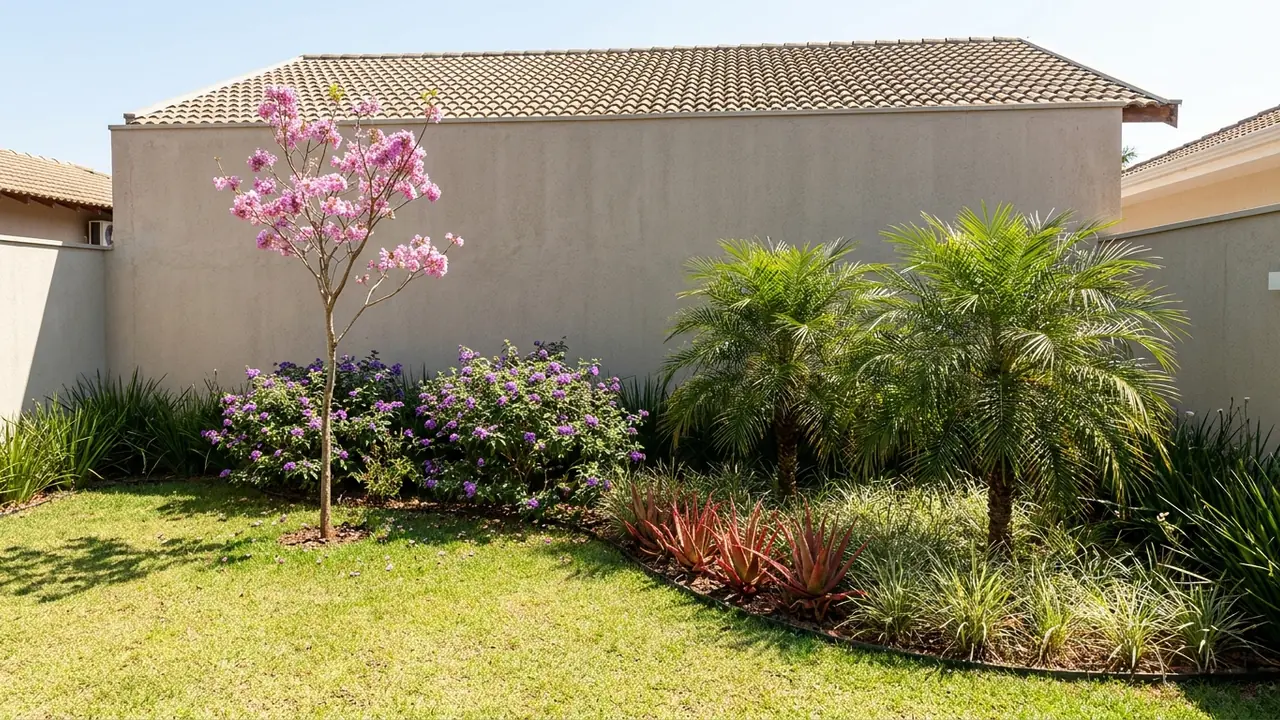 Cantinho plantado numa casa: samambaias, bromélias e um arbusto baixo contra a parede, com vasos de barro e piso de cimento.