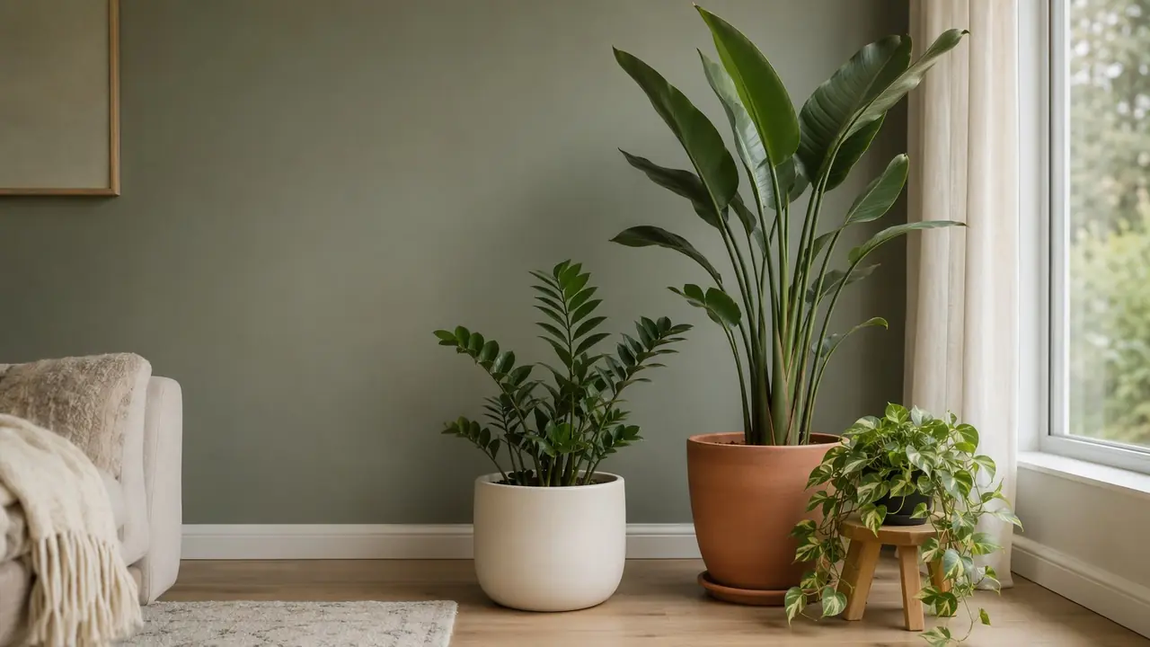Três plantas de alturas diferentes em vasos de cerâmica e barro, num canto de sala claro.
